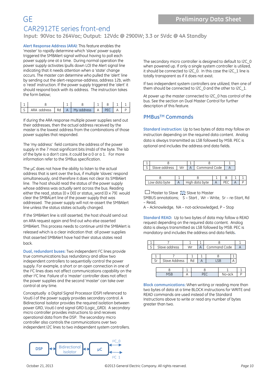Pmbustm commands, Car2912te series front-end, Preliminary data sheet | Pmbus, Commands | GE Industrial Solutions CAR2912TE series User Manual | Page 10 / 25