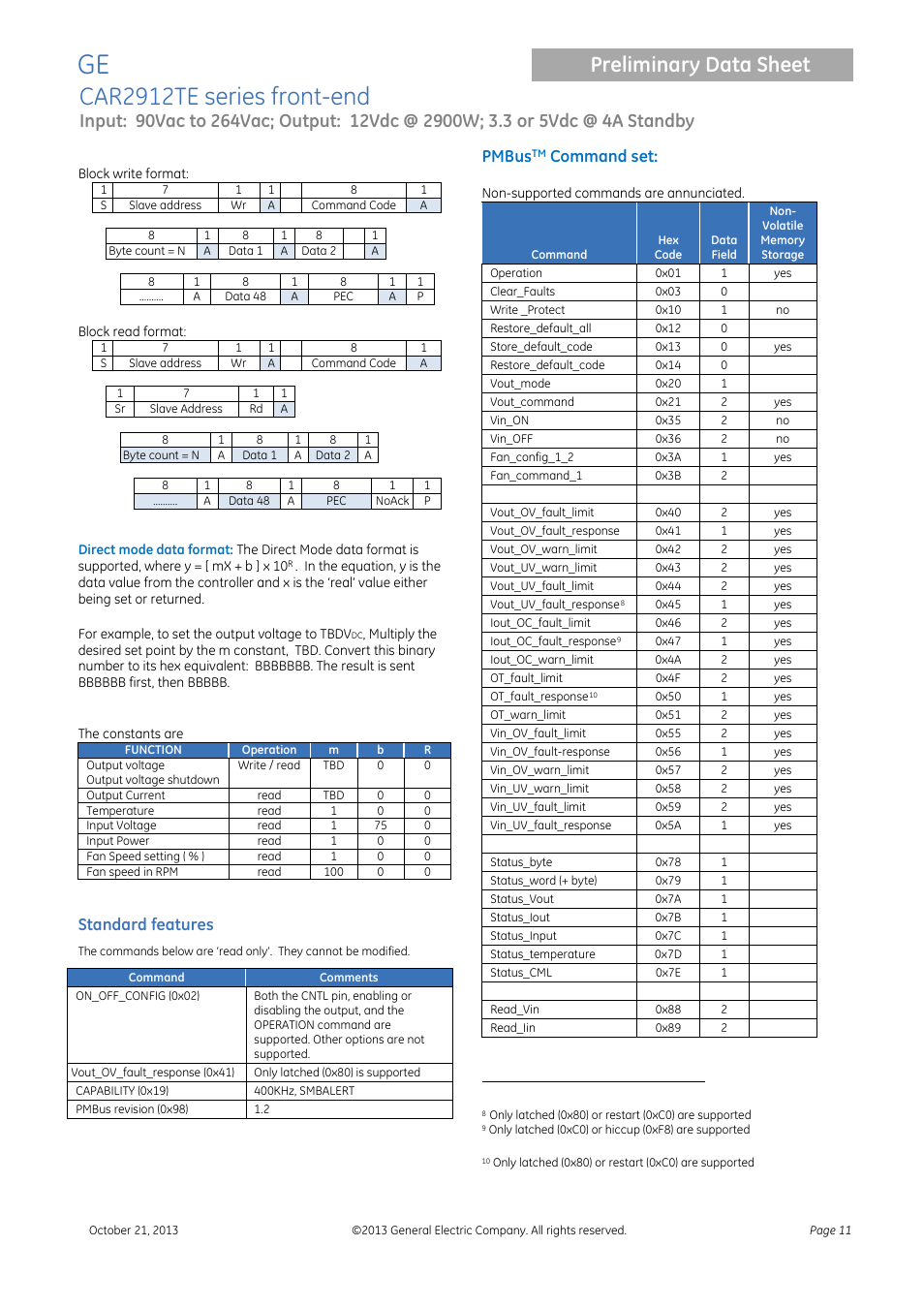 Standard features, Car2912te series front-end, Preliminary data sheet | Pmbus, Command set | GE Industrial Solutions CAR2912TE series User Manual | Page 11 / 25