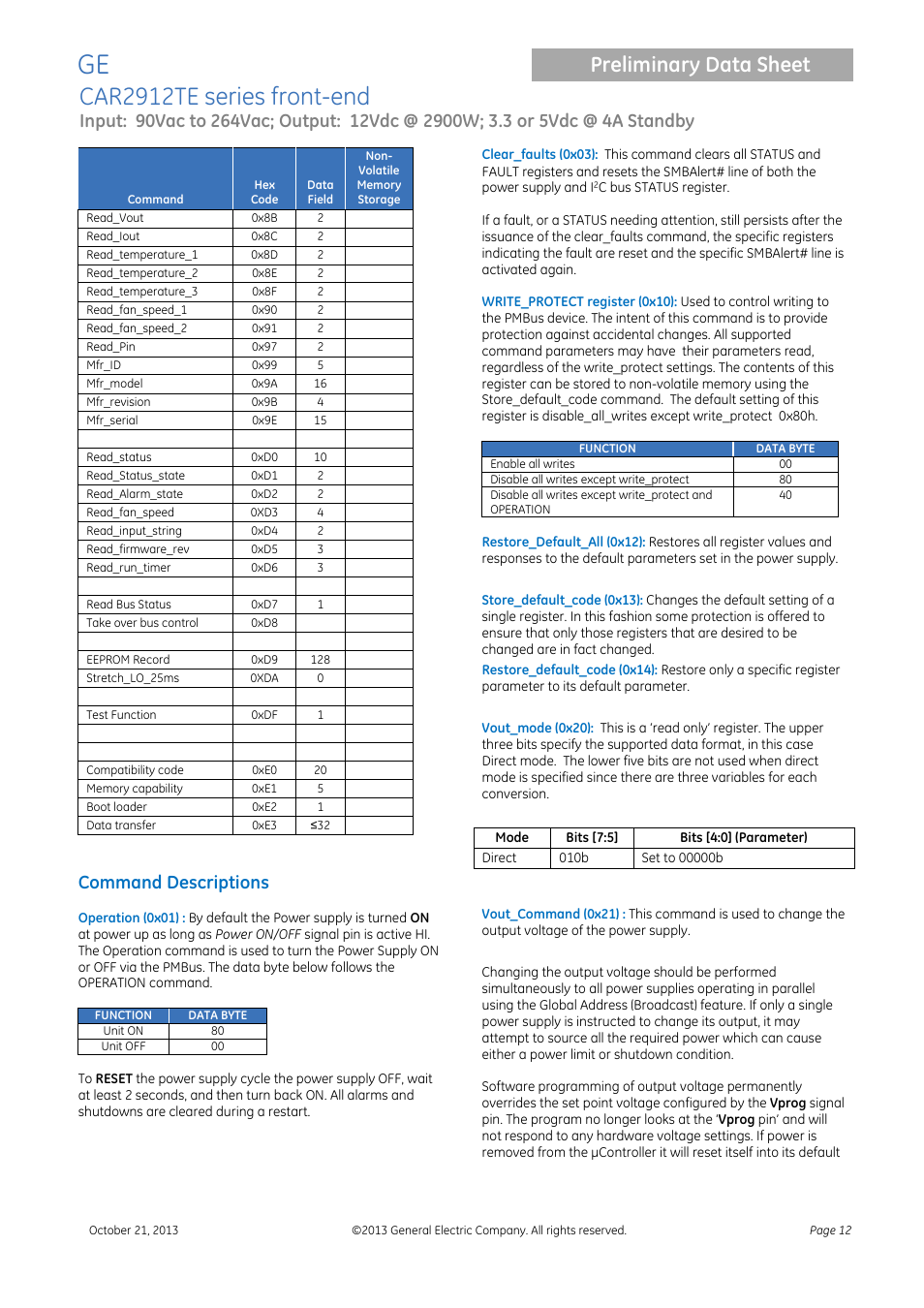 Car2912te series front-end, Preliminary data sheet, Command descriptions | GE Industrial Solutions CAR2912TE series User Manual | Page 12 / 25