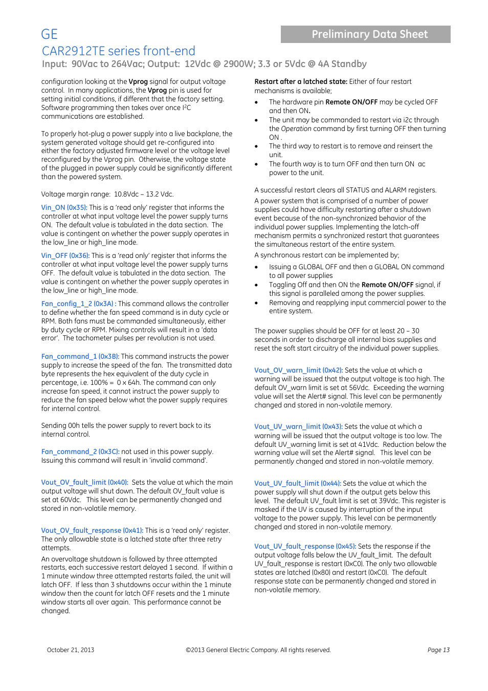 Car2912te series front-end, Preliminary data sheet | GE Industrial Solutions CAR2912TE series User Manual | Page 13 / 25