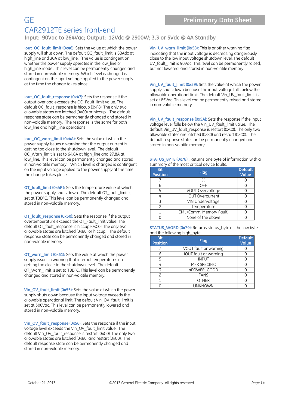 Car2912te series front-end, Preliminary data sheet | GE Industrial Solutions CAR2912TE series User Manual | Page 14 / 25