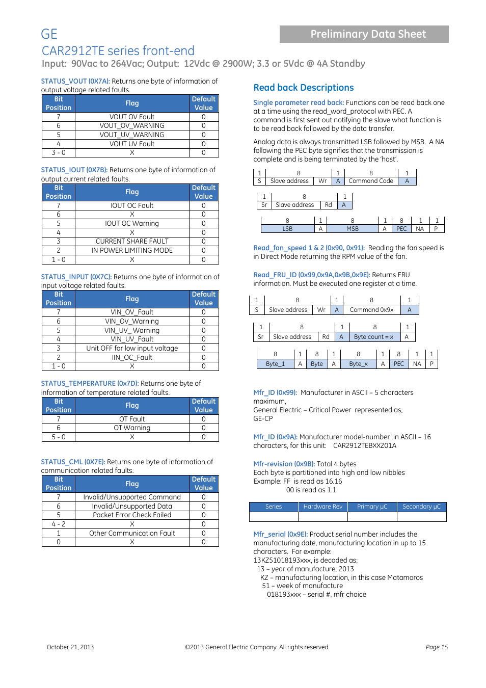 Car2912te series front-end, Preliminary data sheet, Read back descriptions | GE Industrial Solutions CAR2912TE series User Manual | Page 15 / 25