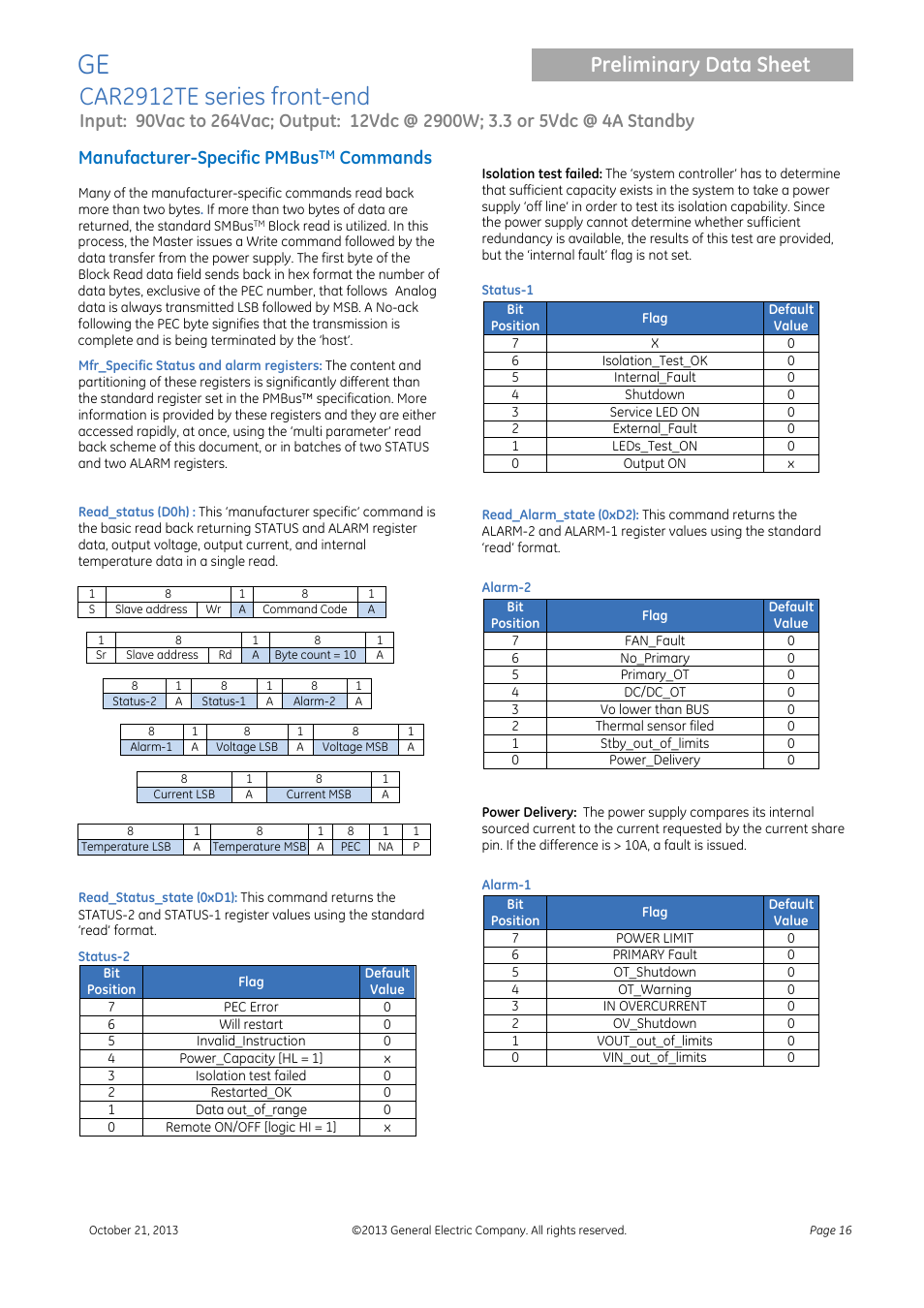 Status-2, Status-1, Alarm-2 | Alarm-1, Car2912te series front-end, Preliminary data sheet, Manufacturer-specific pmbus, Commands | GE Industrial Solutions CAR2912TE series User Manual | Page 16 / 25