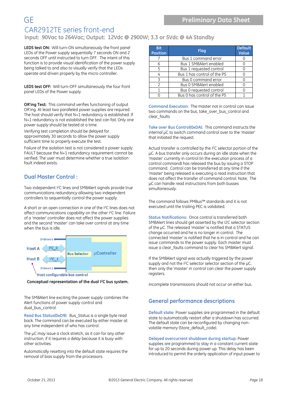 General performance descriptions, Car2912te series front-end, Preliminary data sheet | Dual master control | GE Industrial Solutions CAR2912TE series User Manual | Page 18 / 25