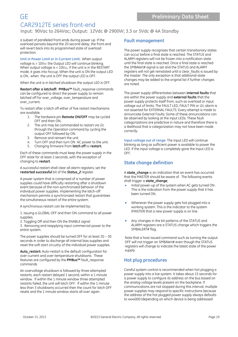 Car2912te series front-end, Preliminary data sheet, Fault management | State change definition, Hot plug procedures | GE Industrial Solutions CAR2912TE series User Manual | Page 19 / 25