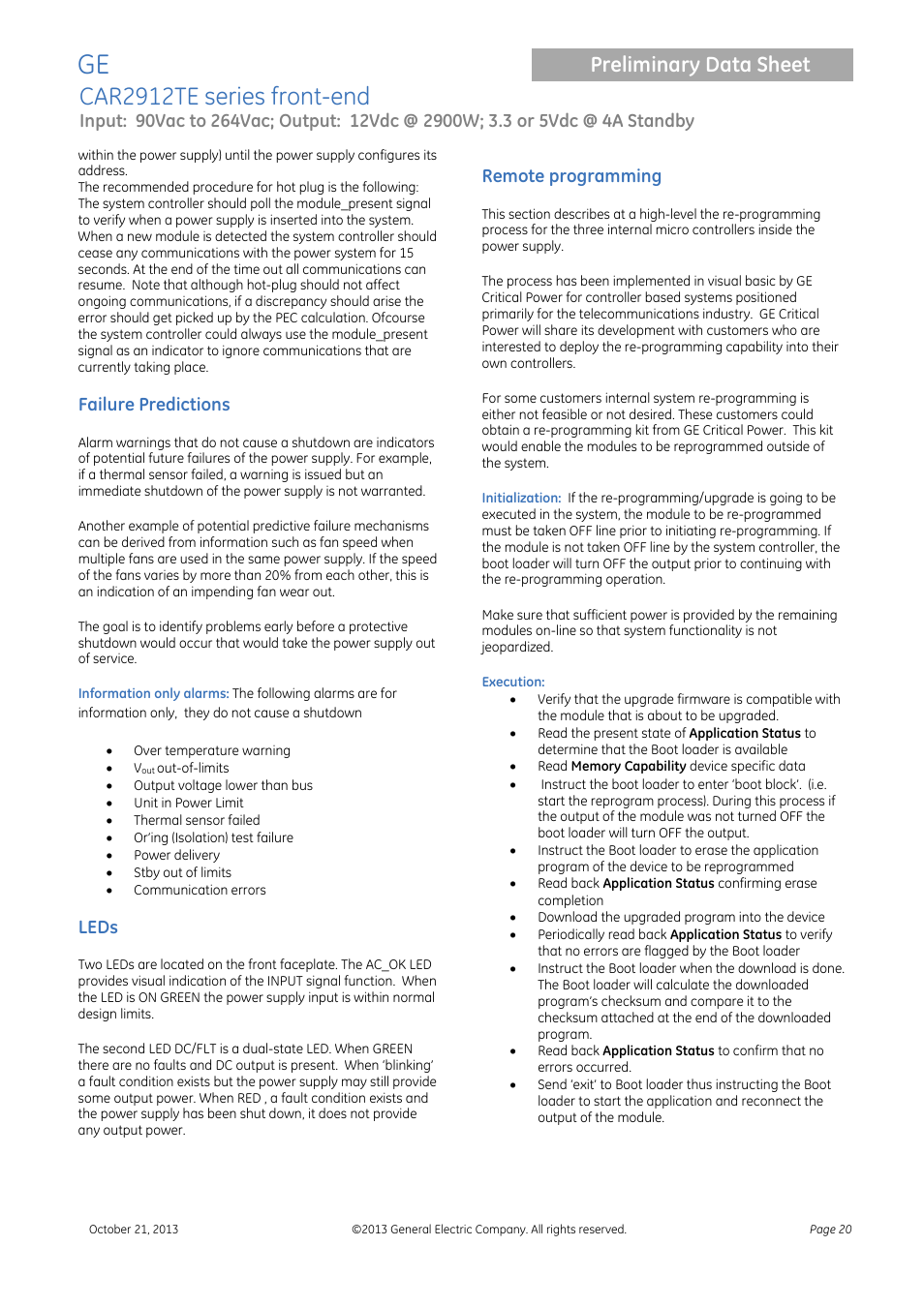 Leds, Car2912te series front-end, Preliminary data sheet | Failure predictions, Remote programming | GE Industrial Solutions CAR2912TE series User Manual | Page 20 / 25