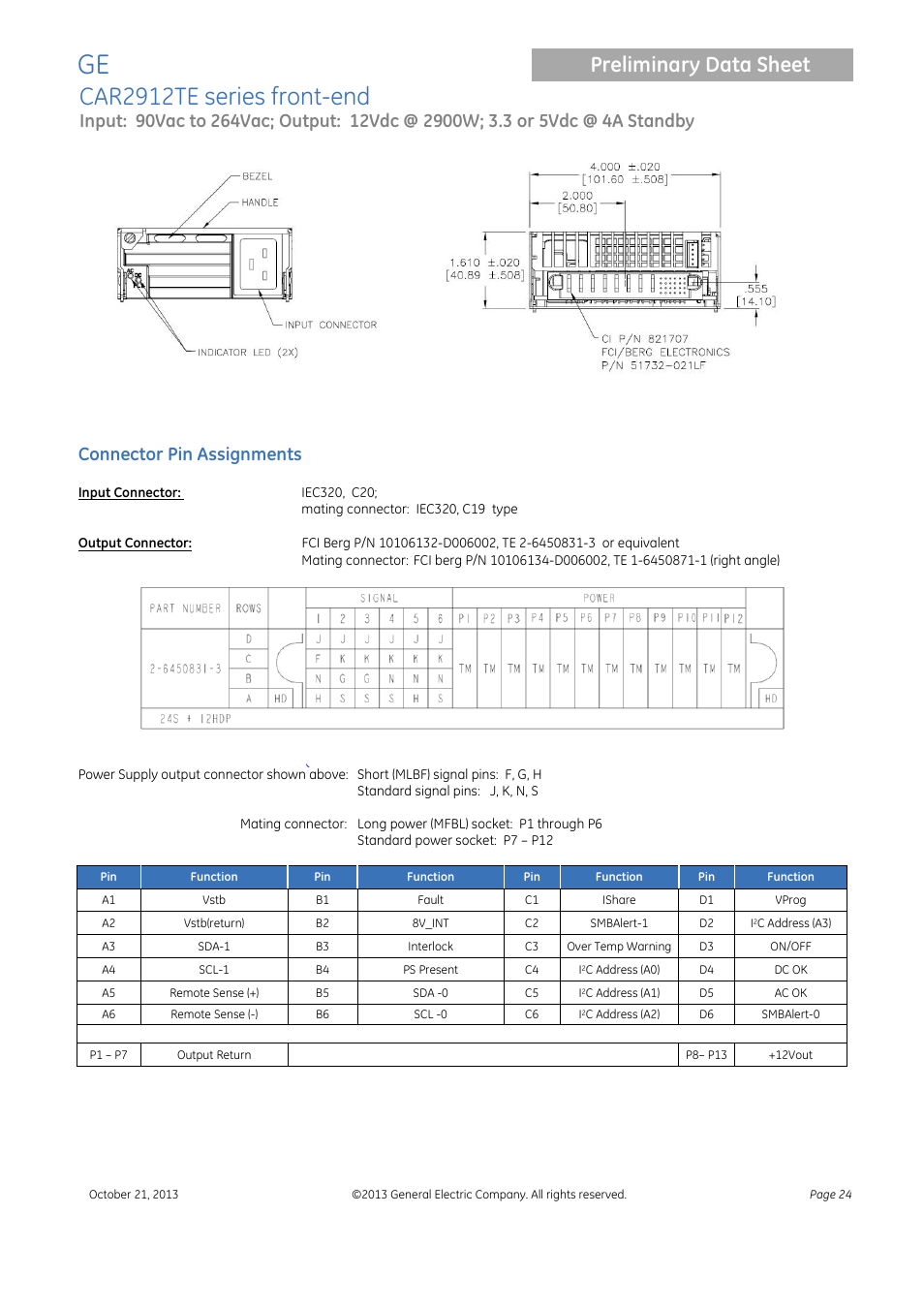 Car2912te series front-end, Preliminary data sheet, Connector pin assignments | GE Industrial Solutions CAR2912TE series User Manual | Page 24 / 25