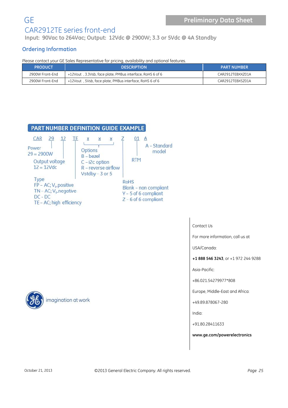 Car2912te series front-end, Preliminary data sheet, Ordering information | GE Industrial Solutions CAR2912TE series User Manual | Page 25 / 25