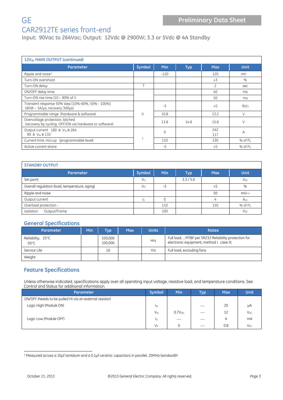 General specifications, Feature specifications, Car2912te series front-end | Preliminary data sheet | GE Industrial Solutions CAR2912TE series User Manual | Page 3 / 25