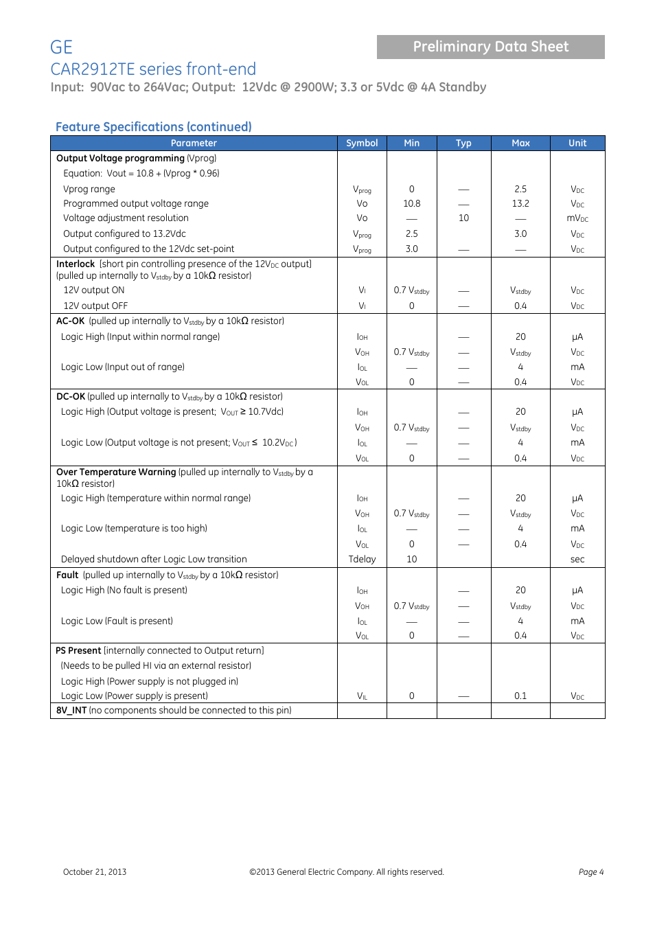 Car2912te series front-end, Preliminary data sheet, Feature specifications (continued) | GE Industrial Solutions CAR2912TE series User Manual | Page 4 / 25