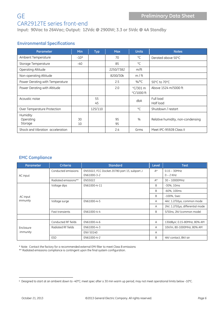 Environmental specifications, Car2912te series front-end, Preliminary data sheet | Emc compliance | GE Industrial Solutions CAR2912TE series User Manual | Page 6 / 25