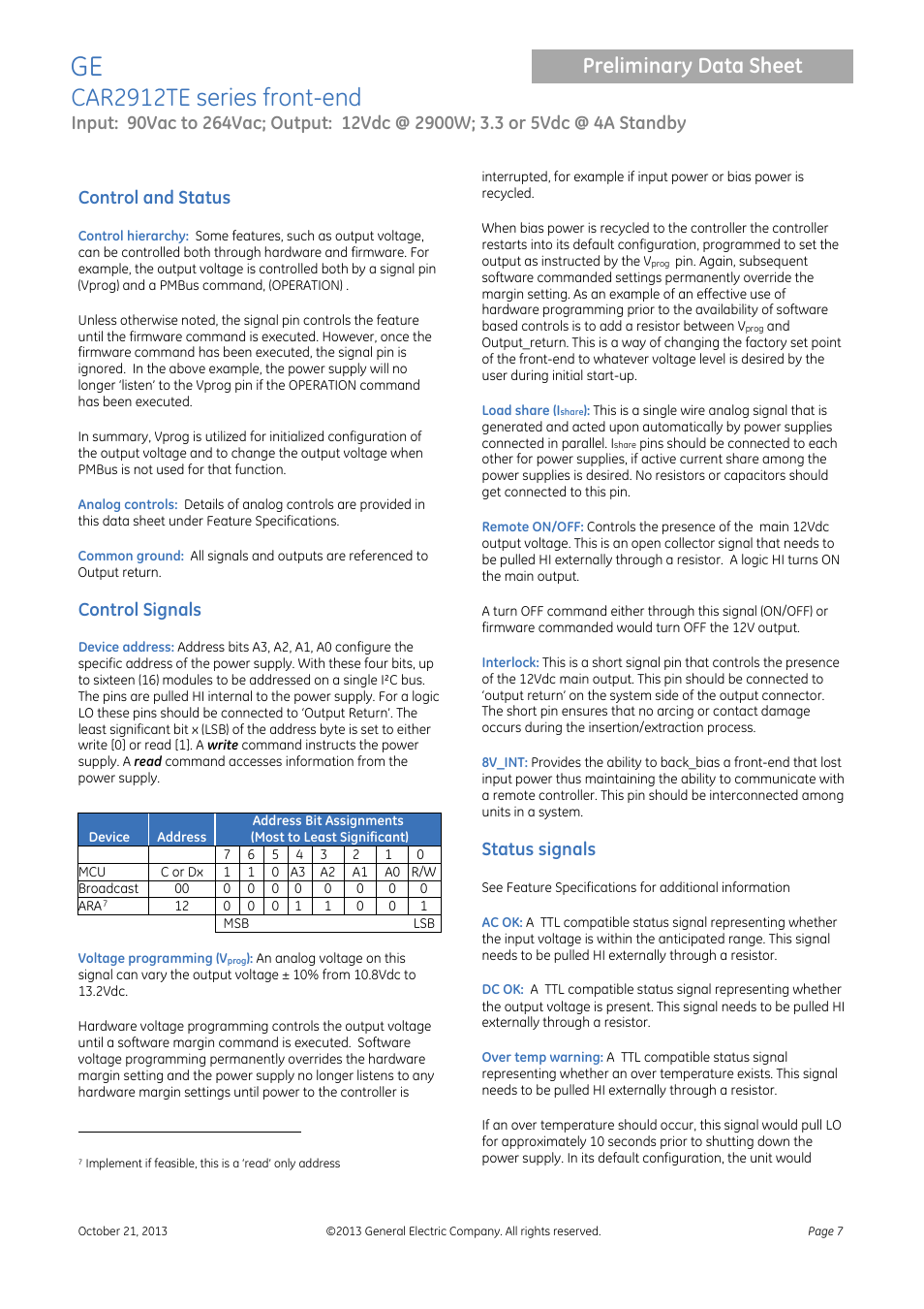 Control and status, Control signals, Status signals | Car2912te series front-end, Preliminary data sheet | GE Industrial Solutions CAR2912TE series User Manual | Page 7 / 25