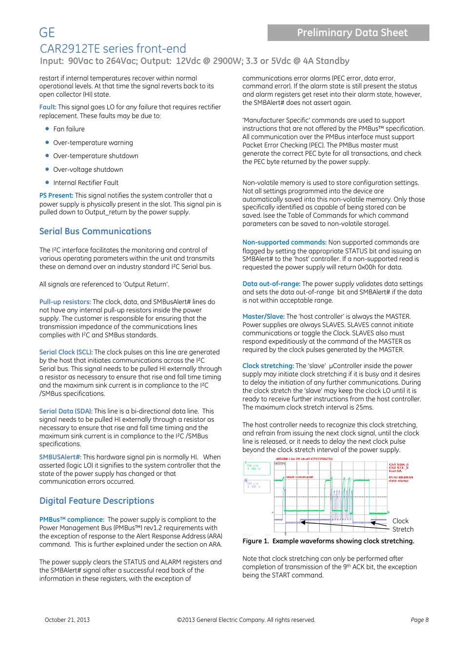 Serial bus communications, Digital feature descriptions, Car2912te series front-end | Preliminary data sheet | GE Industrial Solutions CAR2912TE series User Manual | Page 8 / 25