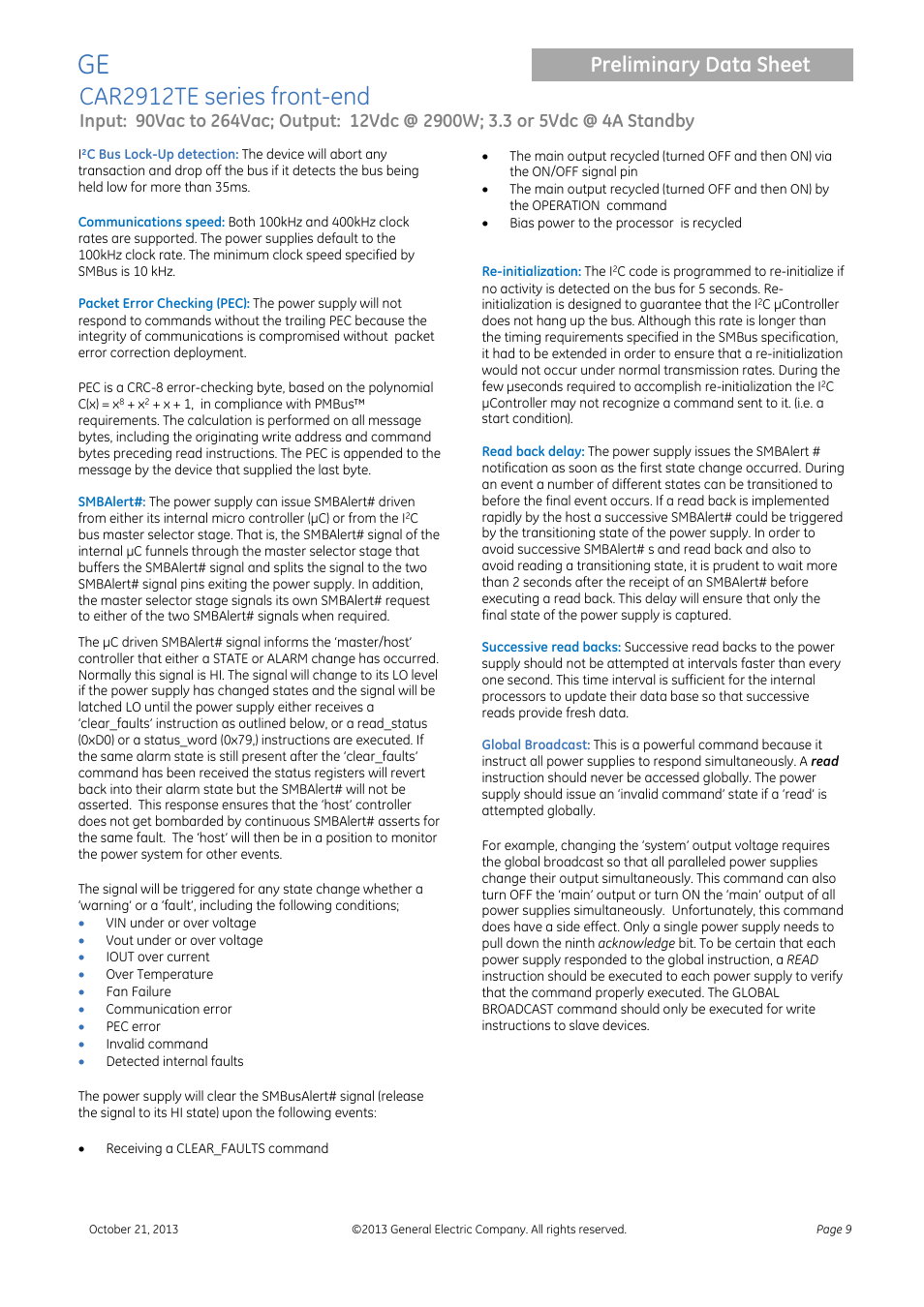 Car2912te series front-end, Preliminary data sheet | GE Industrial Solutions CAR2912TE series User Manual | Page 9 / 25