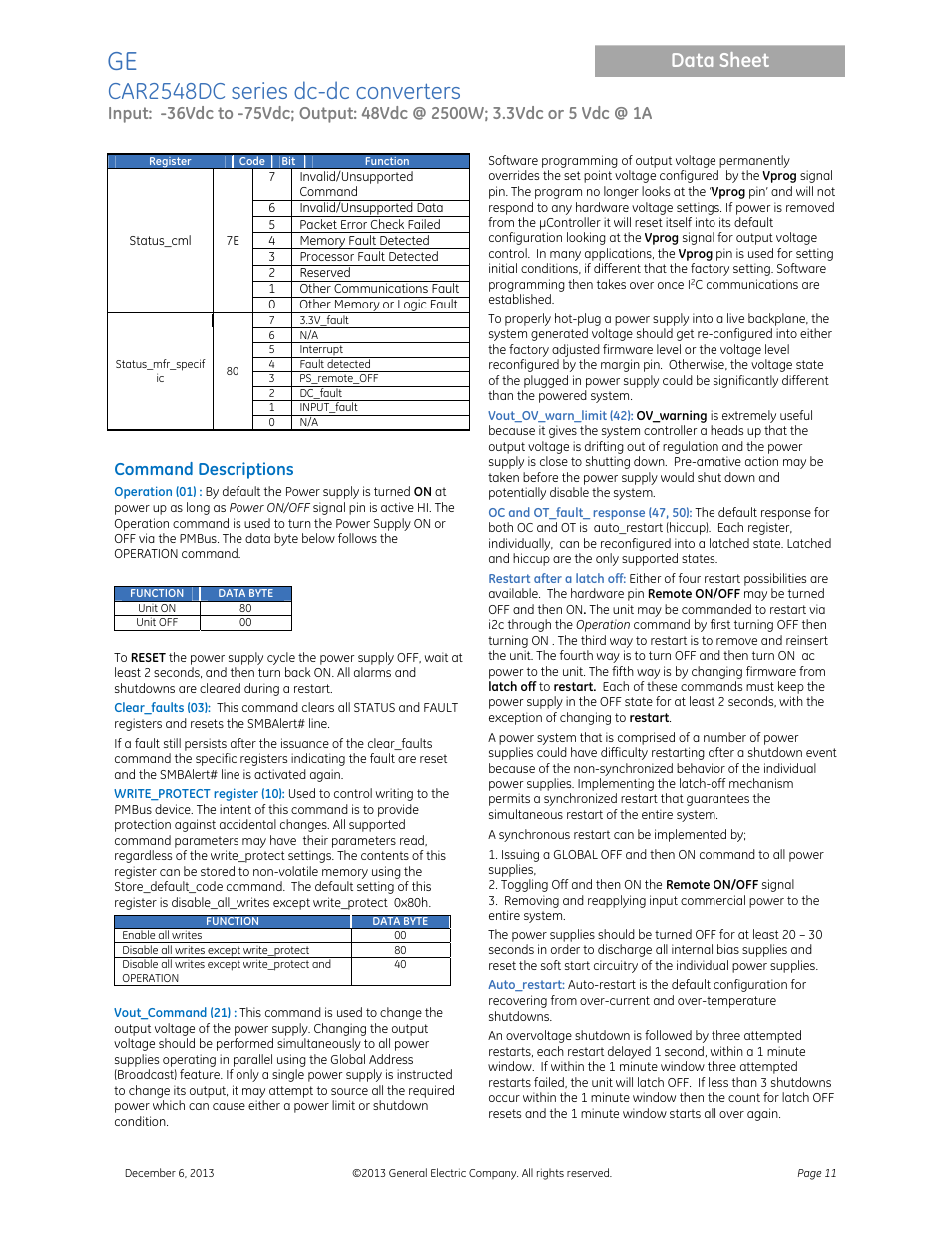 Car2548dc series dc-dc converters, Data sheet, Command descriptions | GE Industrial Solutions CAR2548DC series User Manual | Page 11 / 15