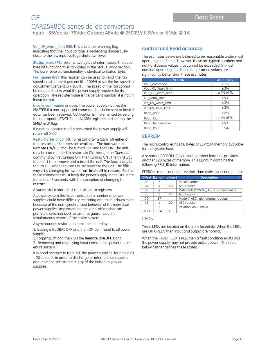 Car2548dc series dc-dc converters, Data sheet, Control and read accuracy | Eeprom, Leds | GE Industrial Solutions CAR2548DC series User Manual | Page 12 / 15