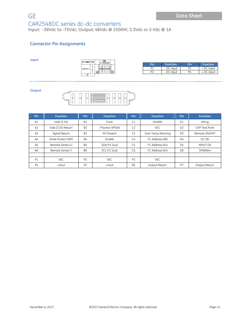 Car2548dc series dc-dc converters, Data sheet, Connector pin assignments | GE Industrial Solutions CAR2548DC series User Manual | Page 14 / 15