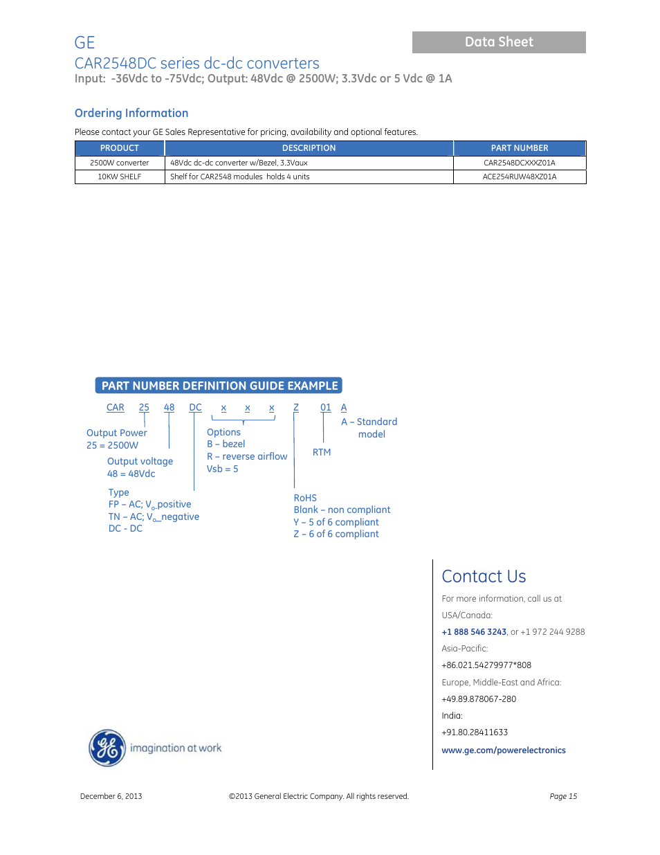 Contact us, Car2548dc series dc-dc converters, Data sheet | GE Industrial Solutions CAR2548DC series User Manual | Page 15 / 15