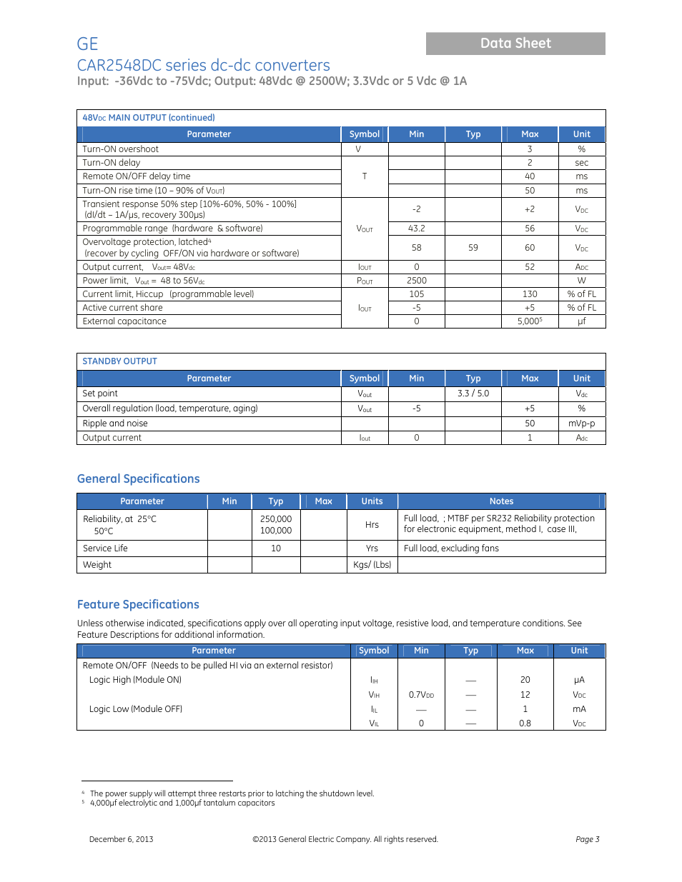 Car2548dc series dc-dc converters, Data sheet, General specifications | Feature specifications | GE Industrial Solutions CAR2548DC series User Manual | Page 3 / 15
