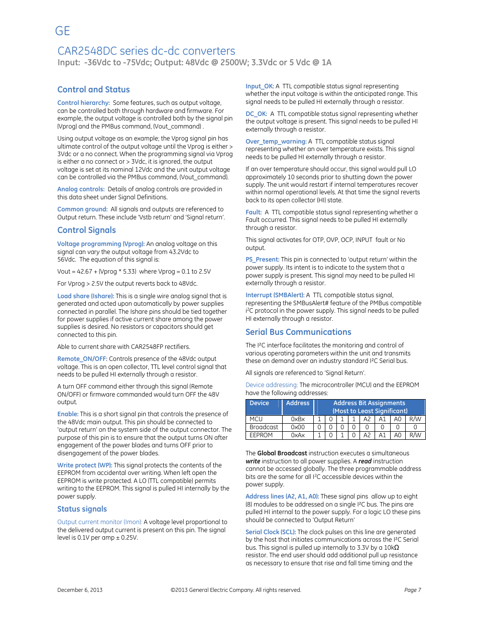 Car2548dc series dc-dc converters, Data sheet, Control and status | Control signals, Serial bus communications | GE Industrial Solutions CAR2548DC series User Manual | Page 7 / 15