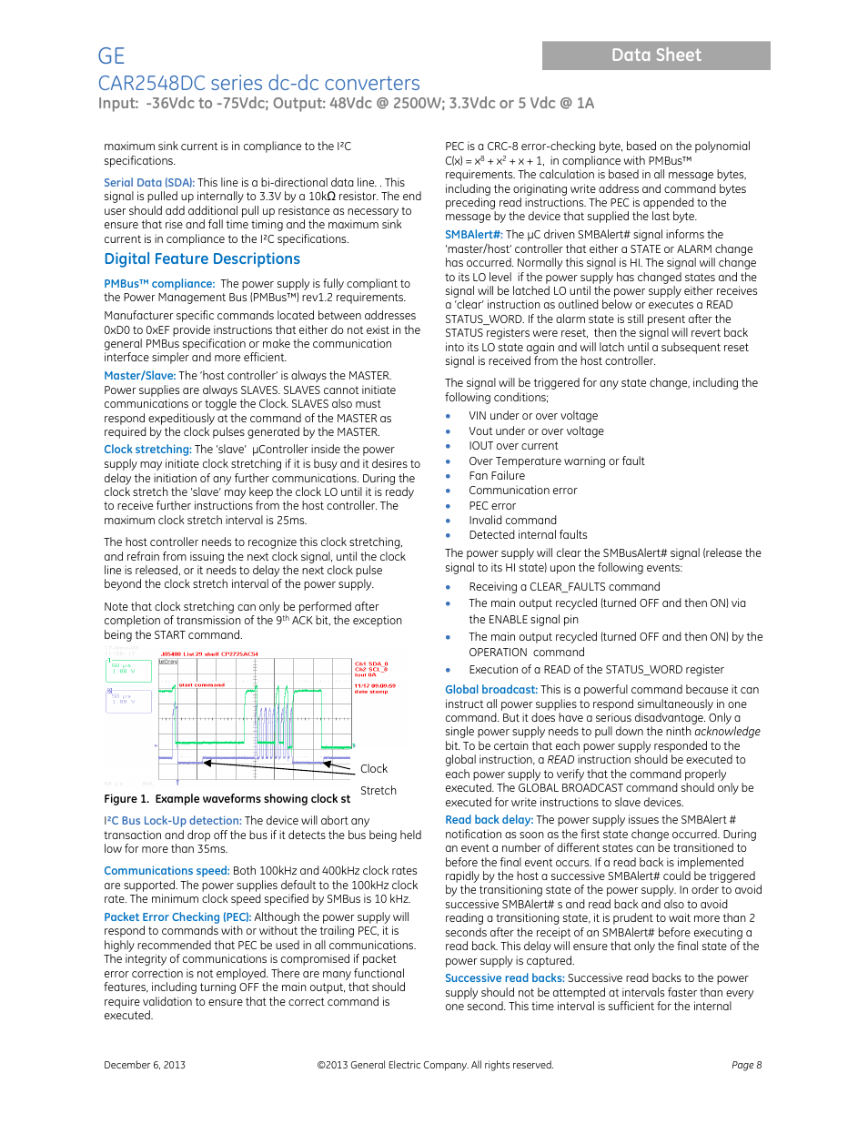 Car2548dc series dc-dc converters, Data sheet, Digital feature descriptions | GE Industrial Solutions CAR2548DC series User Manual | Page 8 / 15