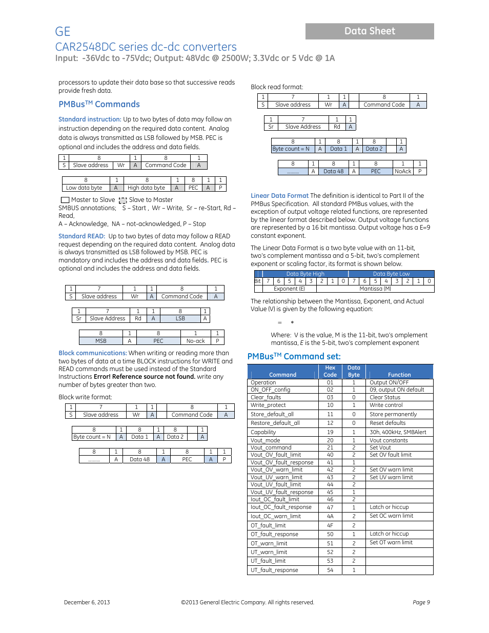 Car2548dc series dc-dc converters, Data sheet, Pmbus | Commands, Command set | GE Industrial Solutions CAR2548DC series User Manual | Page 9 / 15