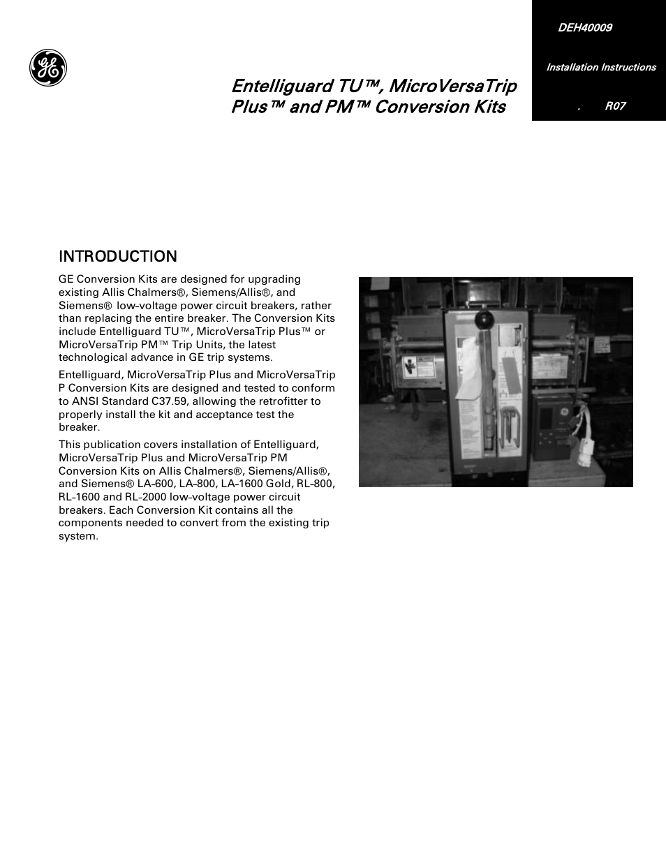 GE Industrial Solutions Entelliguard TU, MicroVersaTrip Plus and PM Conversion Kits User Manual | 20 pages