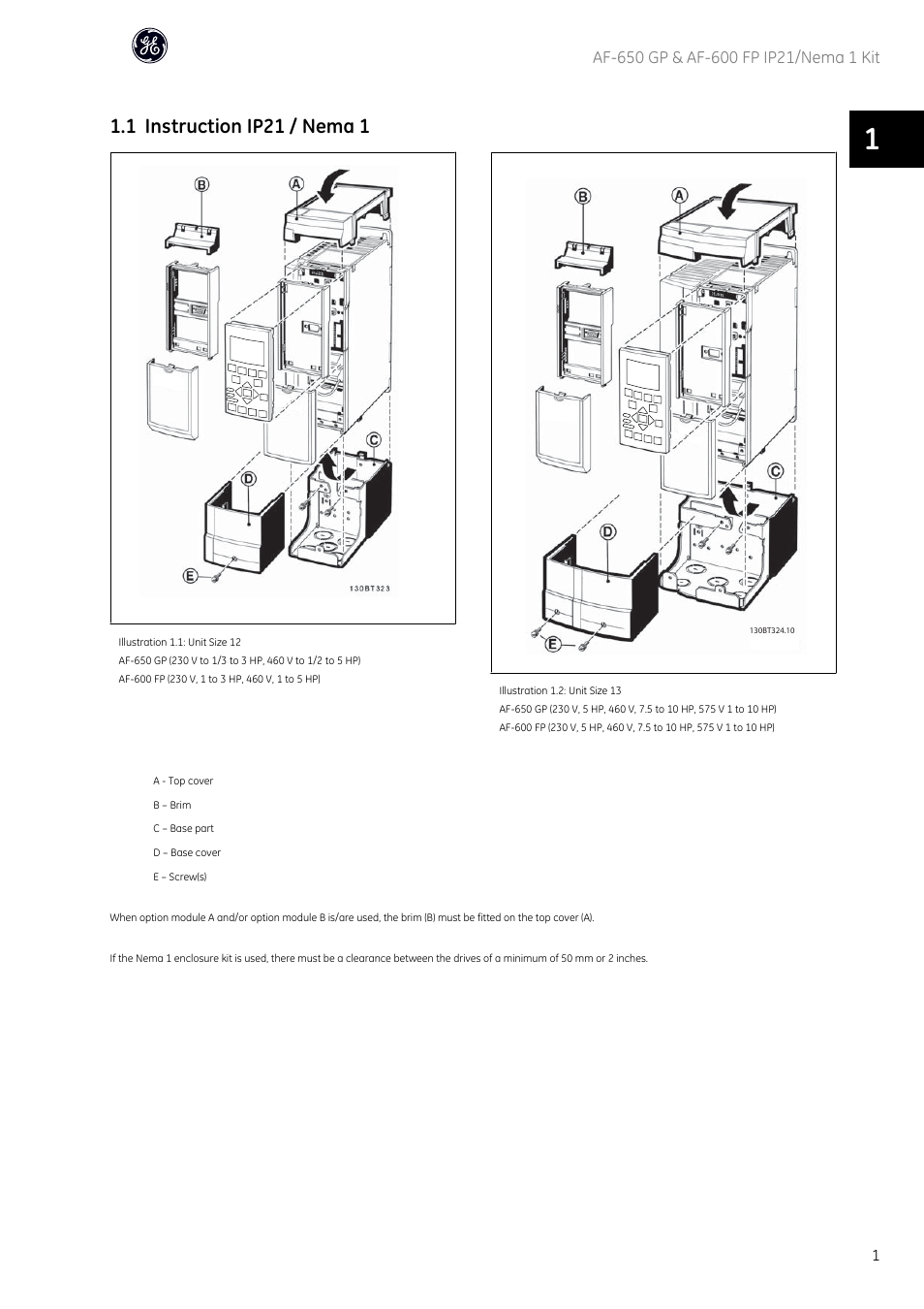 1 instruction ip21 / nema 1 | GE Industrial Solutions AF-600 FP Nema 1 Kits User Manual | Page 2 / 10