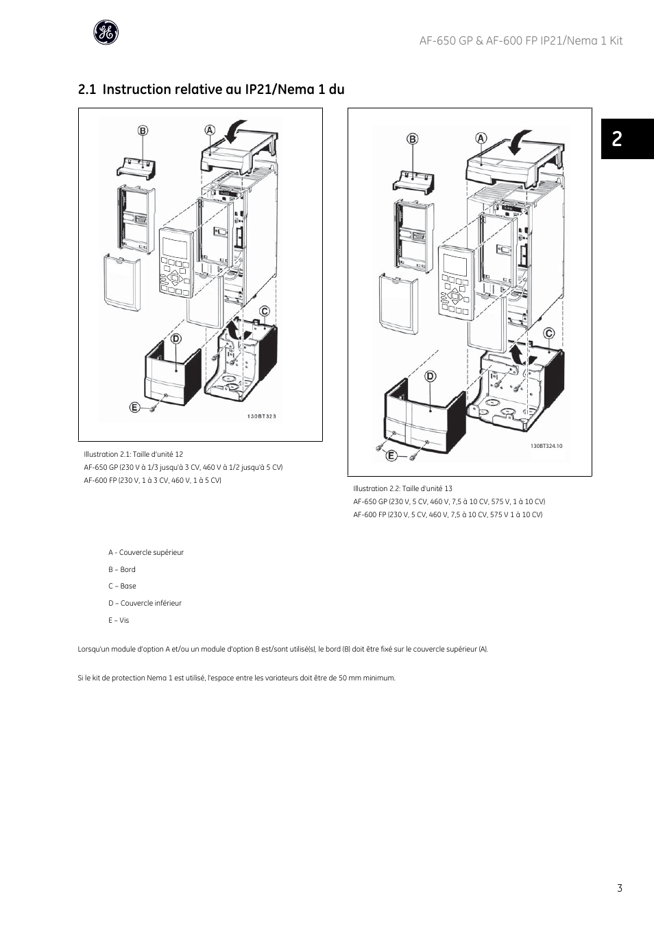 1 instruction relative au ip21/nema 1 du | GE Industrial Solutions AF-600 FP Nema 1 Kits User Manual | Page 4 / 10