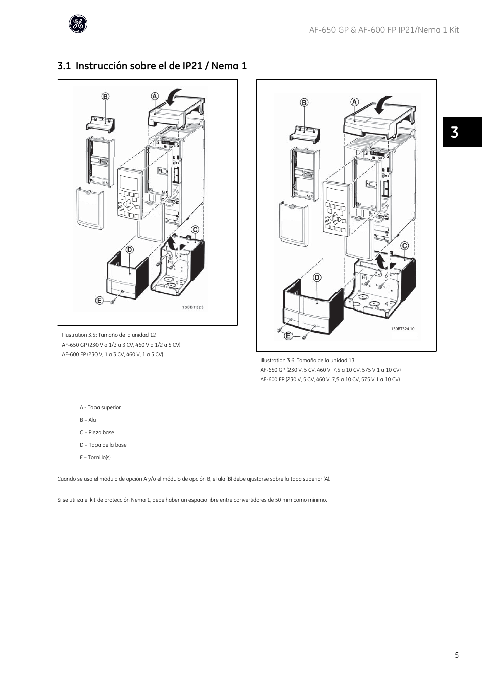 1 instrucción sobre el de ip21 / nema 1 | GE Industrial Solutions AF-600 FP Nema 1 Kits User Manual | Page 6 / 10