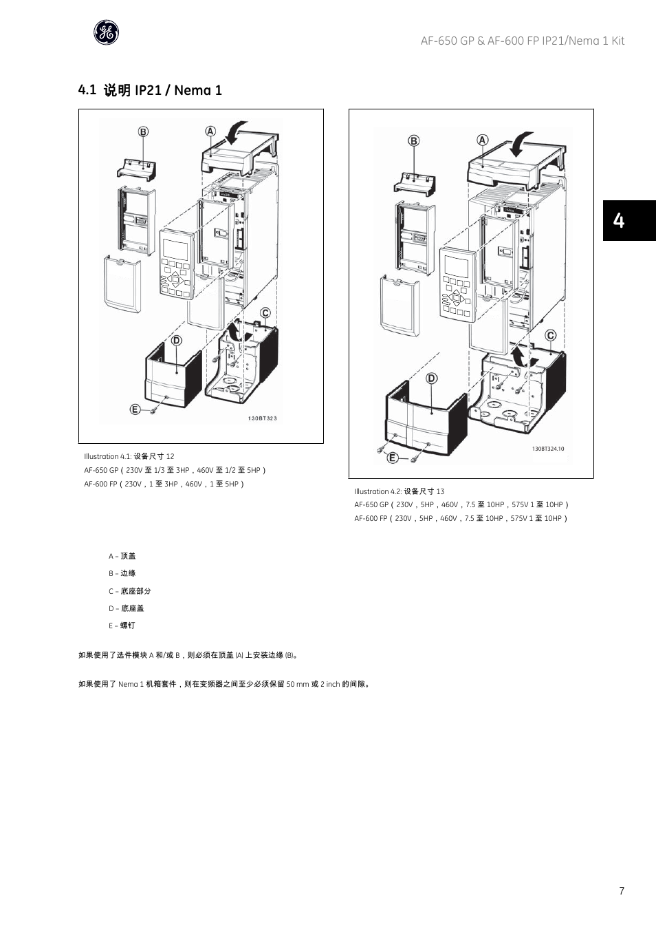 1 说明 ip21 / nema 1 | GE Industrial Solutions AF-600 FP Nema 1 Kits User Manual | Page 8 / 10