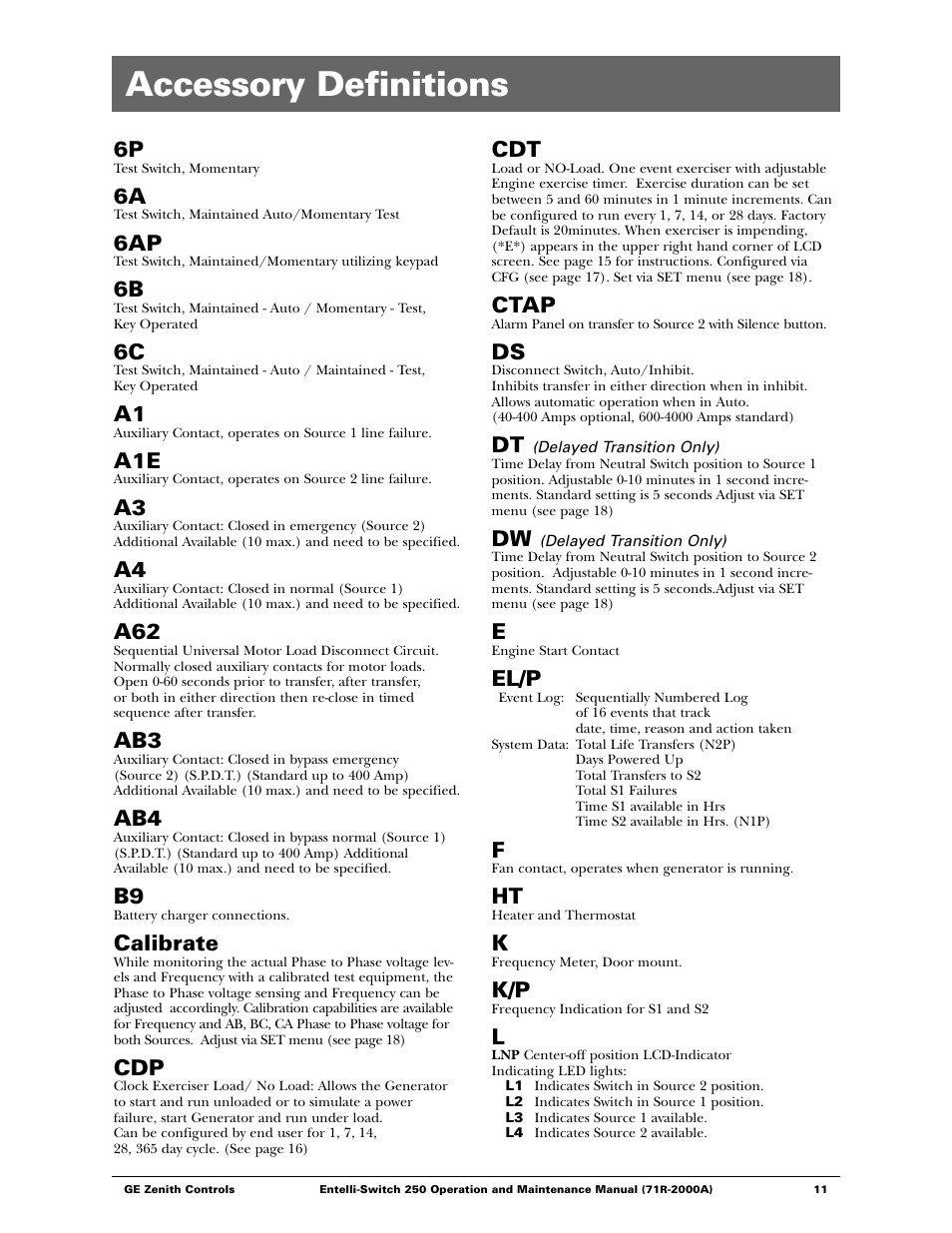 Accessory definitions, Calibrate, Ctap | El/p | GE Industrial Solutions Entelli-Switch 250 User Manual | Page 11 / 32