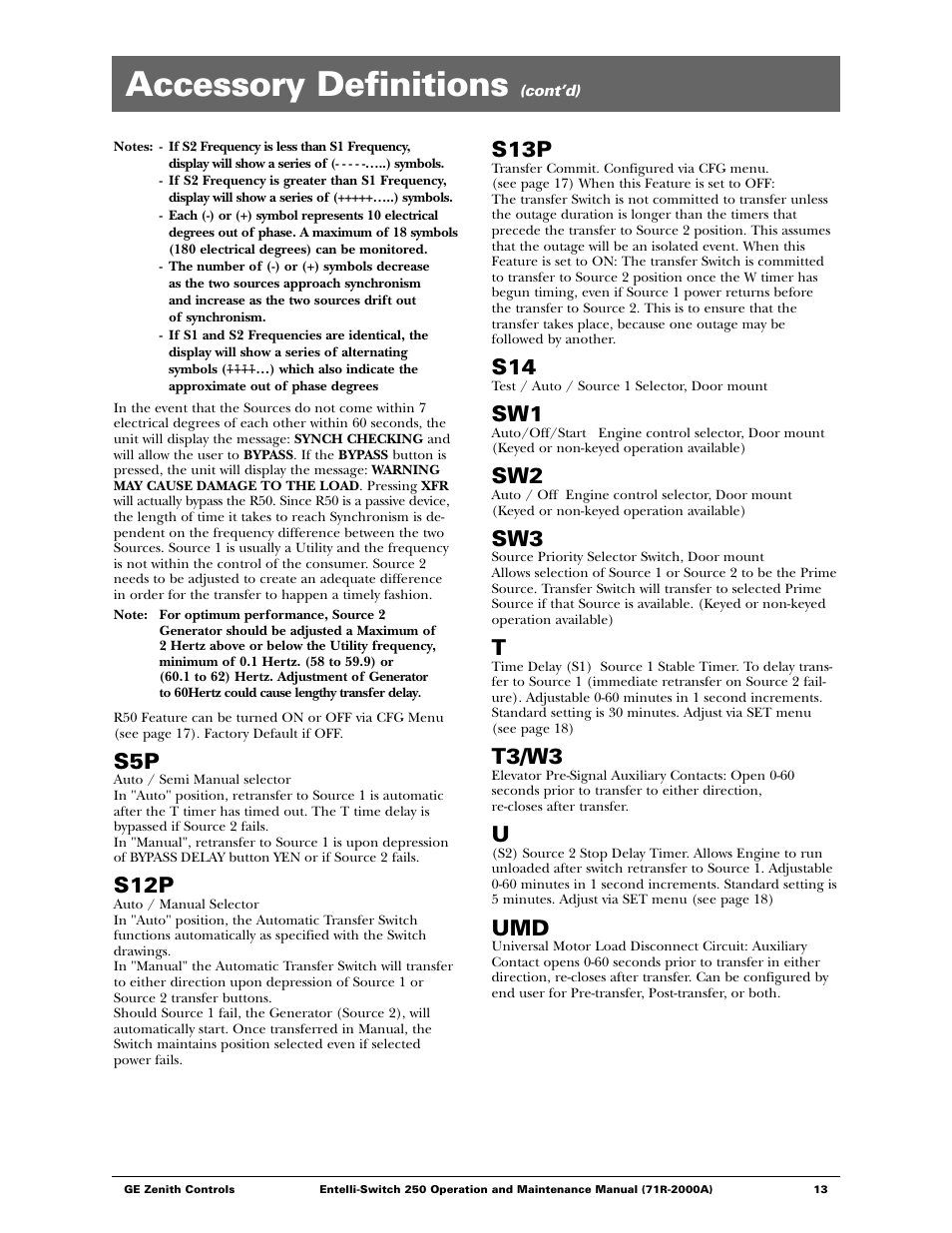 Accessory definitions, S12p, S13p | T3/w3 | GE Industrial Solutions Entelli-Switch 250 User Manual | Page 13 / 32
