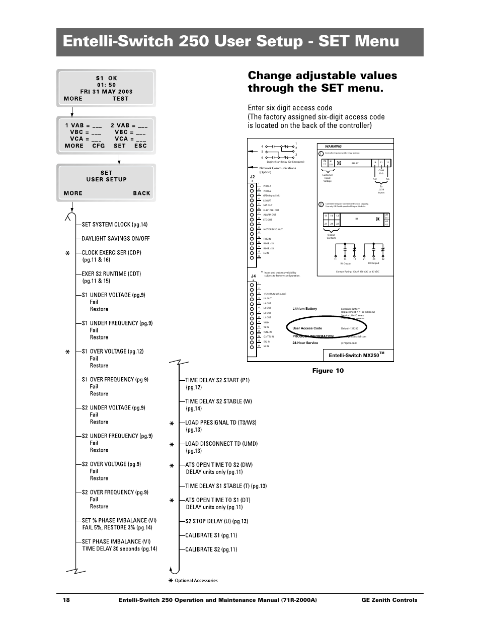 Entelli-switch 250 user setup - set menu, Change adjustable values through the set menu, Figure 10 | 18 ge zenith controls, Entelli-switch mx250 | GE Industrial Solutions Entelli-Switch 250 User Manual | Page 18 / 32