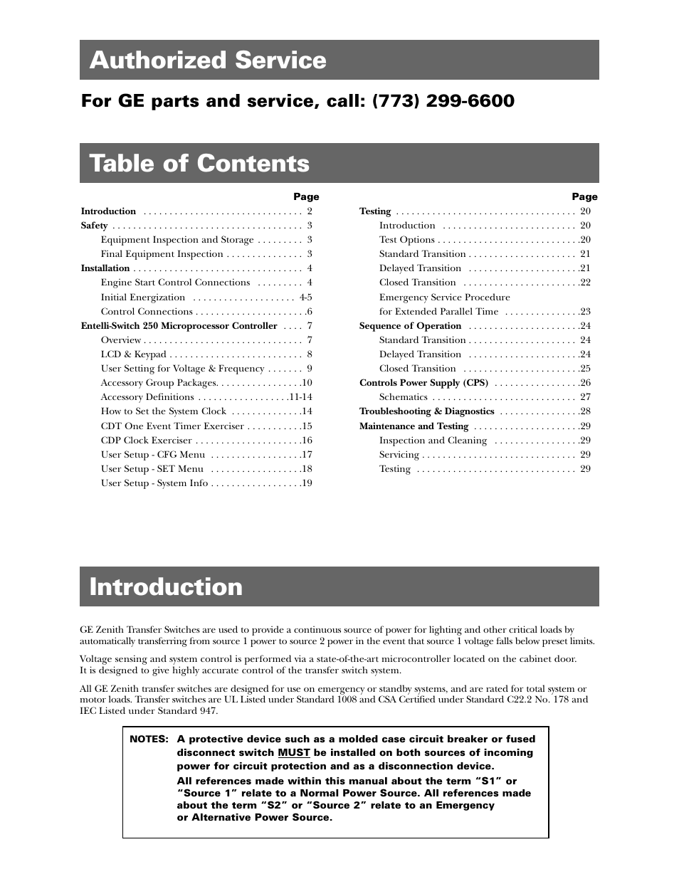 Table of contents introduction authorized service | GE Industrial Solutions Entelli-Switch 250 User Manual | Page 2 / 32