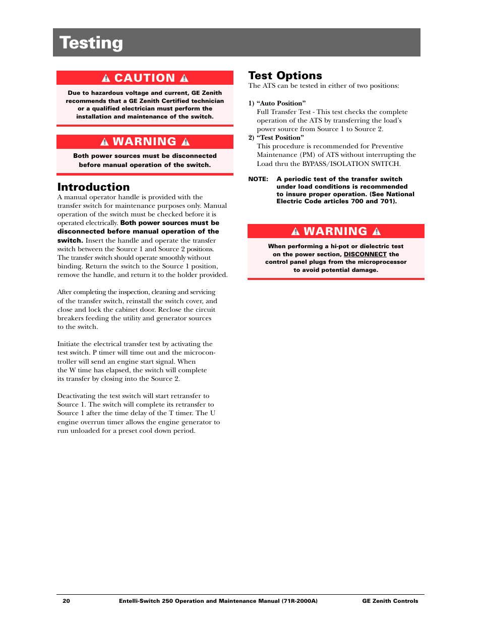 Testing, Introduction, Test options | Caution, Warning | GE Industrial Solutions Entelli-Switch 250 User Manual | Page 20 / 32