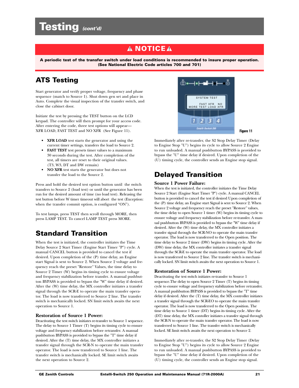 Testing, Ats testing, Standard transition | Delayed transition, Notice | GE Industrial Solutions Entelli-Switch 250 User Manual | Page 21 / 32
