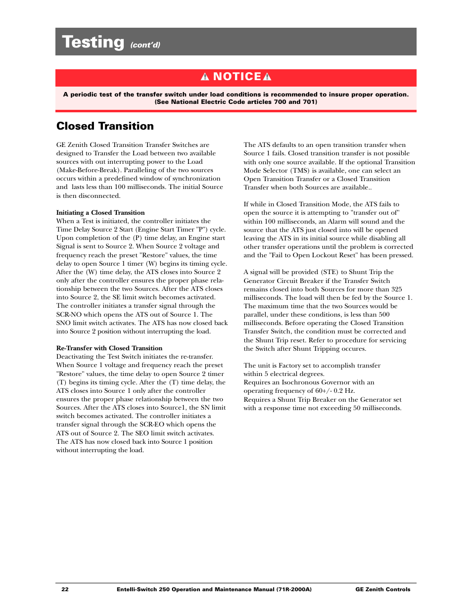 Testing, Closed transition, Notice | GE Industrial Solutions Entelli-Switch 250 User Manual | Page 22 / 32