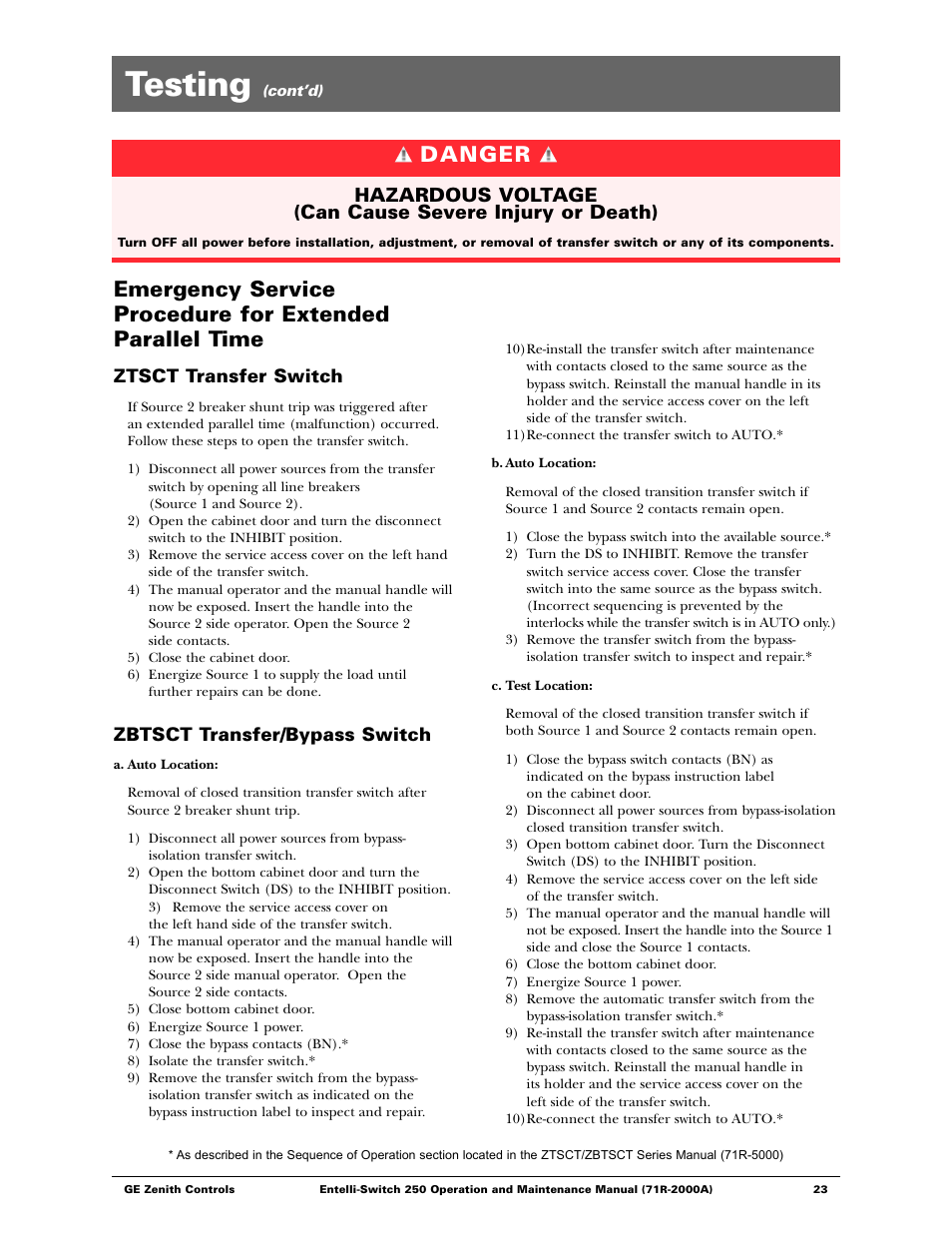 Testing, Danger, Ztsct transfer switch | Zbtsct transfer/bypass switch | GE Industrial Solutions Entelli-Switch 250 User Manual | Page 23 / 32