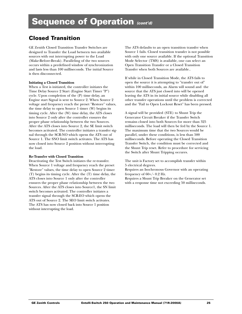 Sequence of operation, Closed transition | GE Industrial Solutions Entelli-Switch 250 User Manual | Page 25 / 32