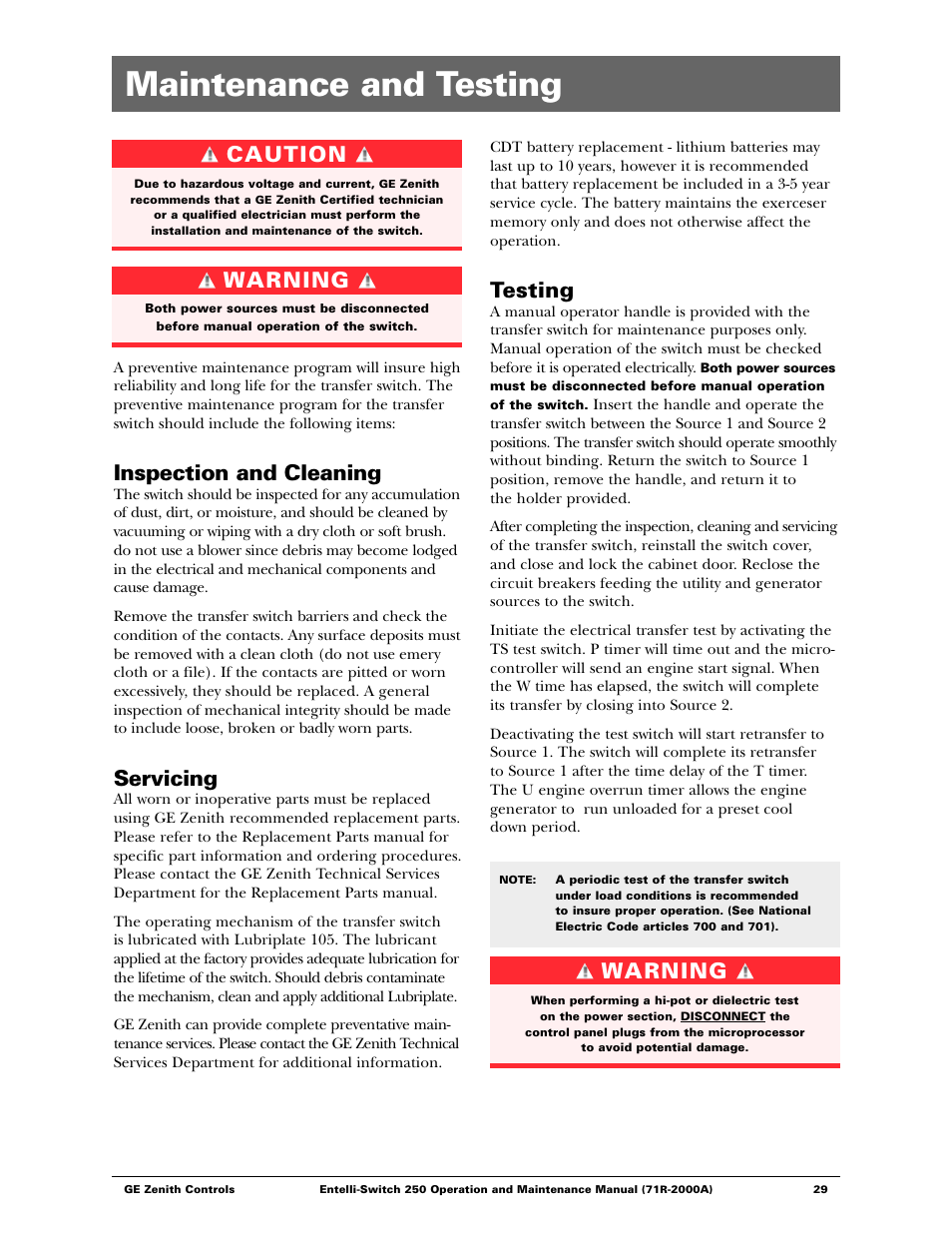 Maintenance and testing, Inspection and cleaning, Servicing | Testing, Caution, Warning | GE Industrial Solutions Entelli-Switch 250 User Manual | Page 29 / 32