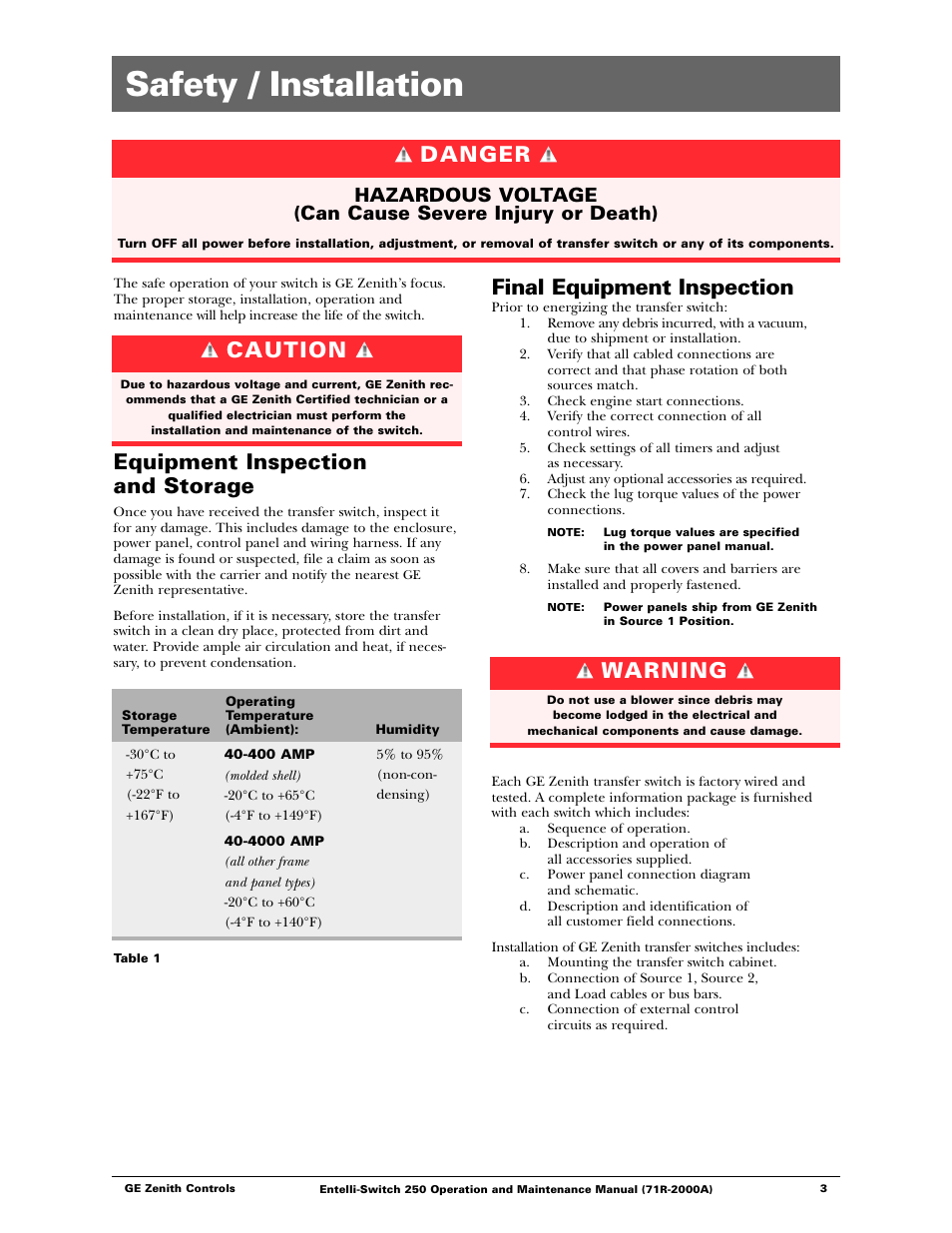 Safety / installation, Equipment inspection and storage, Final equipment inspection | Danger, Caution, Warning | GE Industrial Solutions Entelli-Switch 250 User Manual | Page 3 / 32