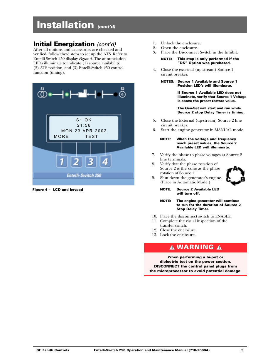 Installation, Initial energization, Warning | Cont’d) | GE Industrial Solutions Entelli-Switch 250 User Manual | Page 5 / 32