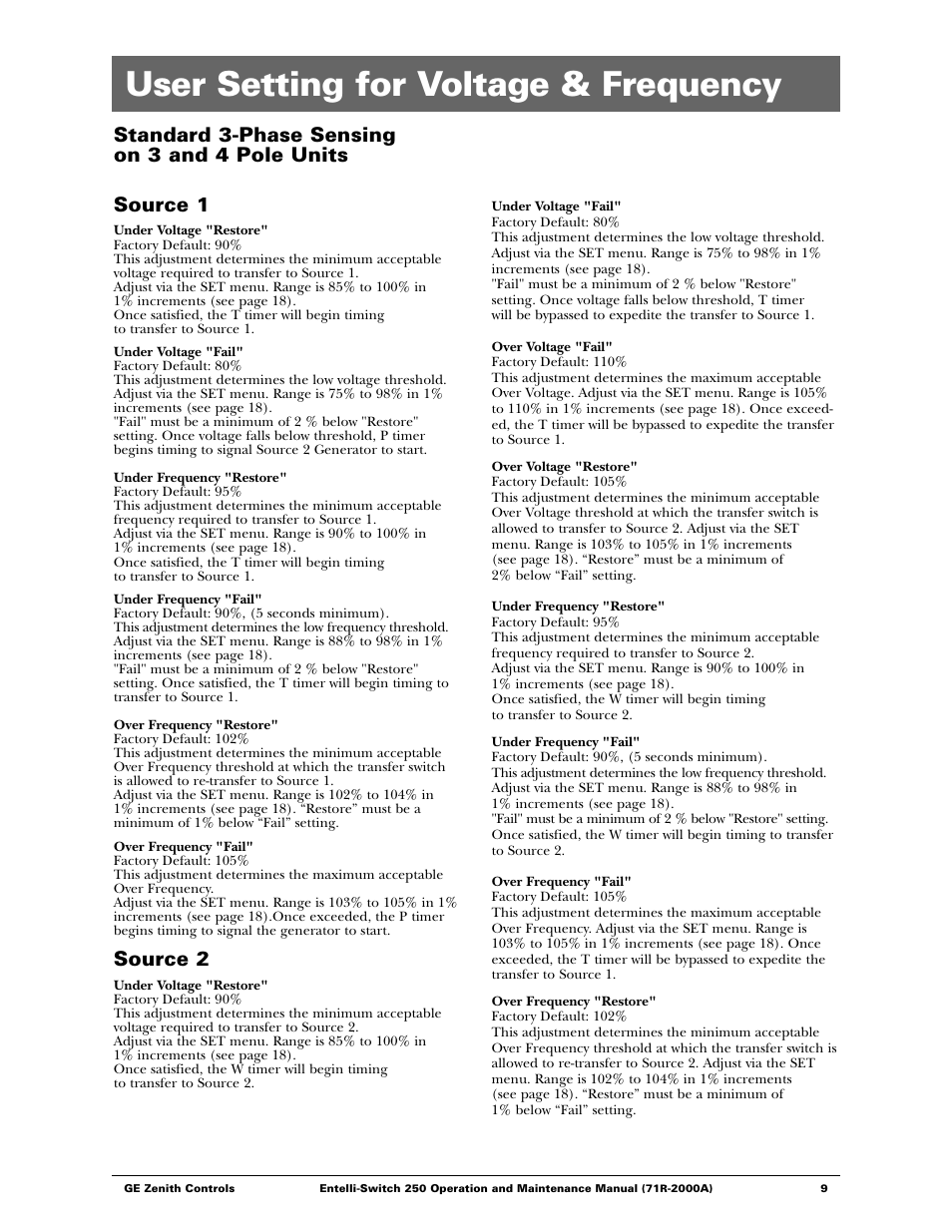 User setting for voltage & frequency, Source 2 | GE Industrial Solutions Entelli-Switch 250 User Manual | Page 9 / 32