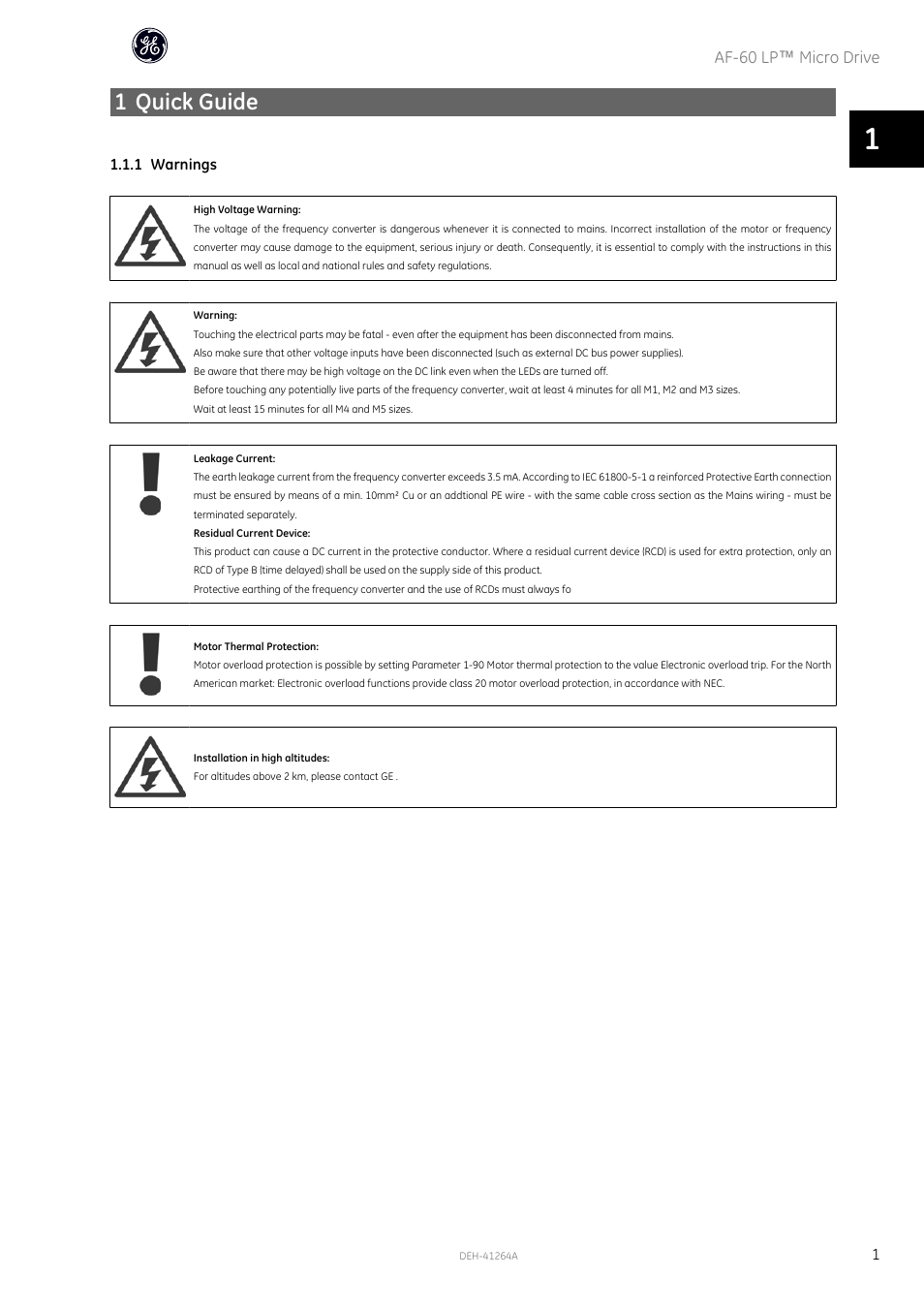 1 quick guide | GE Industrial Solutions AF-60 LP Micro Drive Installation Guide User Manual | Page 2 / 23