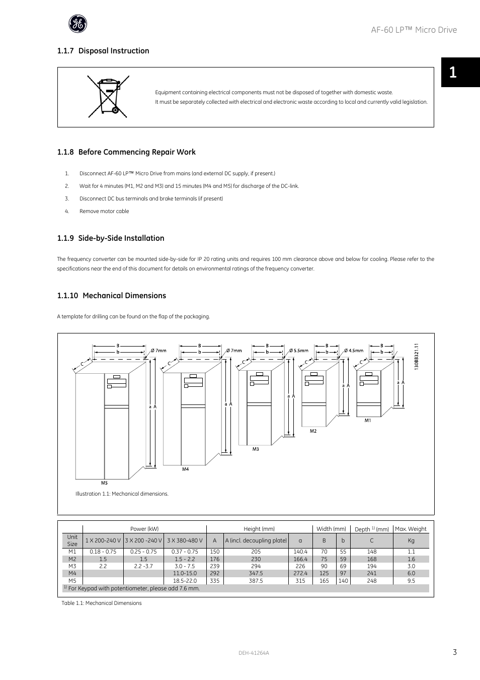 Af-60 lp ™ micro drive, 7 disposal instruction, 8 before commencing repair work | 9 side-by-side installation, 10 mechanical dimensions | GE Industrial Solutions AF-60 LP Micro Drive Installation Guide User Manual | Page 4 / 23