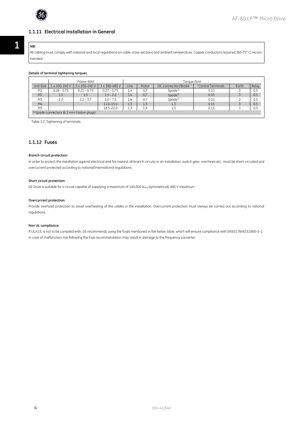 Af-60 lp ™ micro drive, 11 electrical installation in general, 12 fuses | GE Industrial Solutions AF-60 LP Micro Drive Installation Guide User Manual | Page 5 / 23