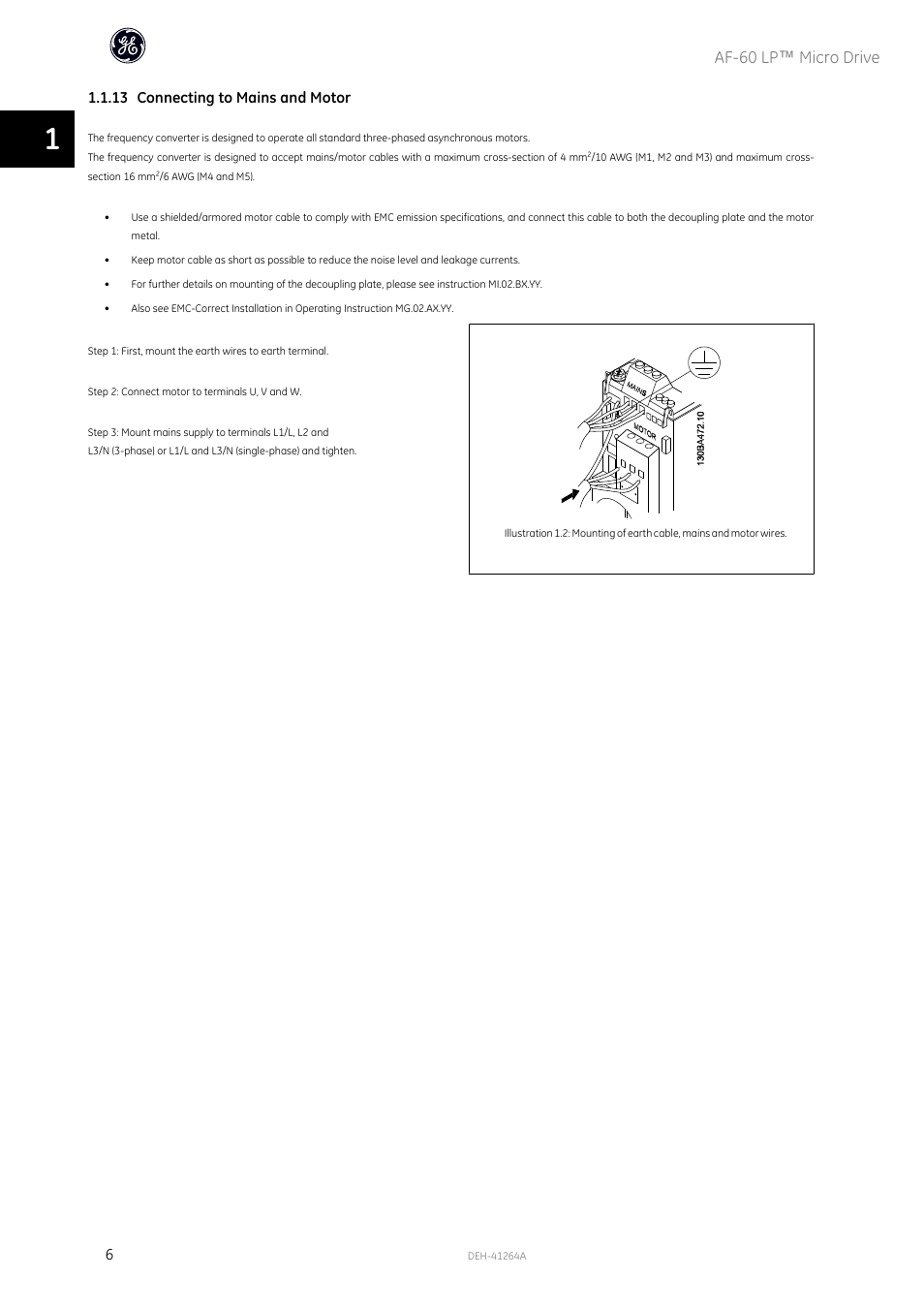 Af-60 lp ™ micro drive, 13 connecting to mains and motor | GE Industrial Solutions AF-60 LP Micro Drive Installation Guide User Manual | Page 7 / 23