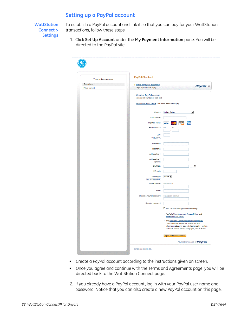 Setting up a paypal account, Setting up a paypal, Account | GE Industrial Solutions WattStation Connect Driver Second Edition User Manual | Page 24 / 33