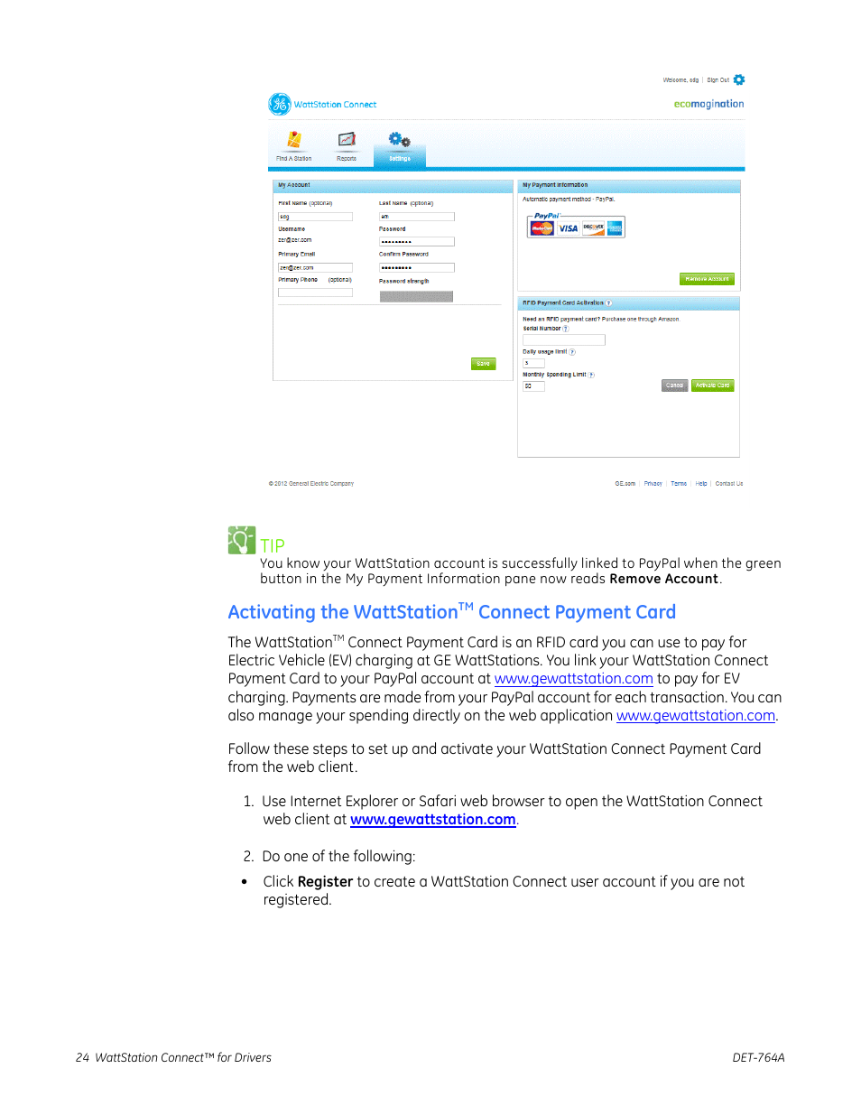 Activating the wattstationtm connect payment card, Activating the wattstation, Connect payment card | GE Industrial Solutions WattStation Connect Driver Second Edition User Manual | Page 26 / 33